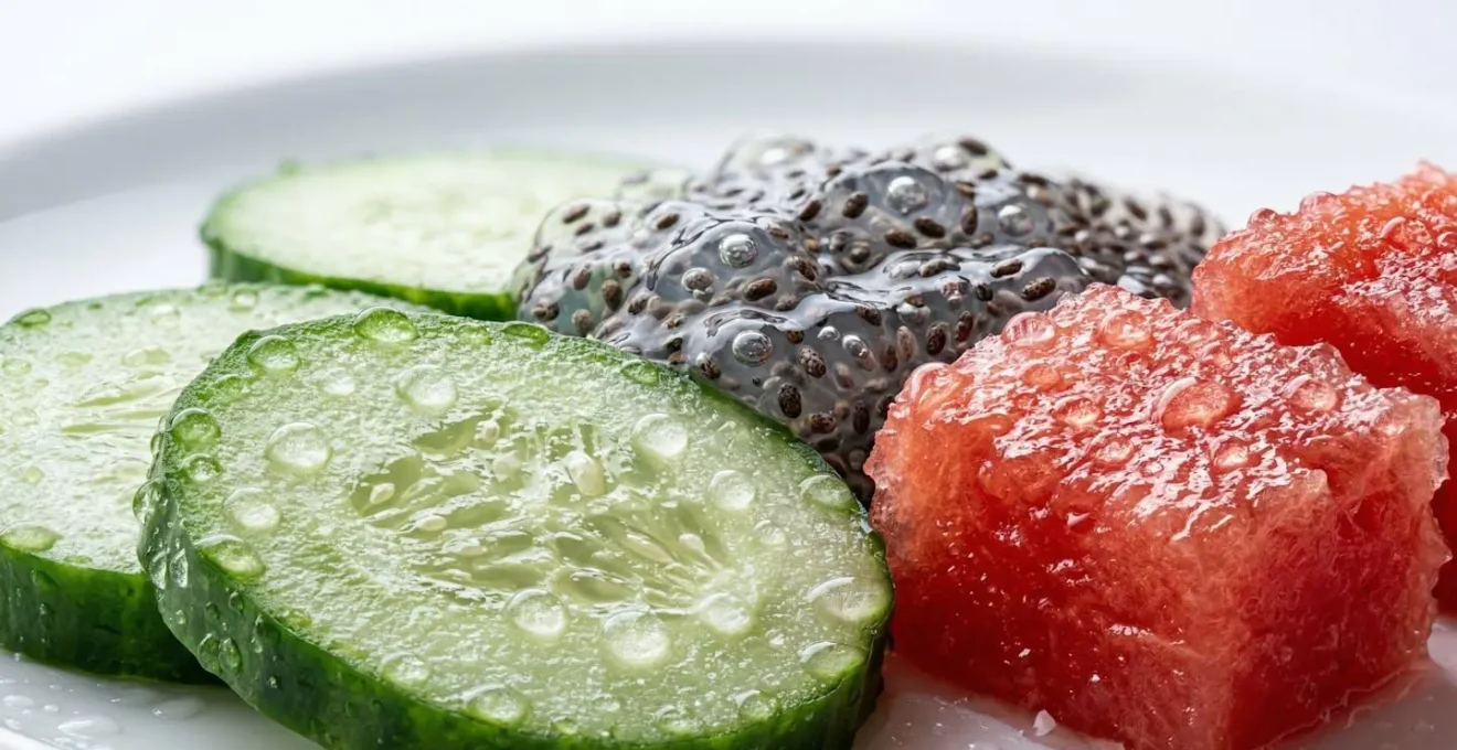 Gros plan sur des aliments riches en eau structurée avec des gouttelettes cristallines
