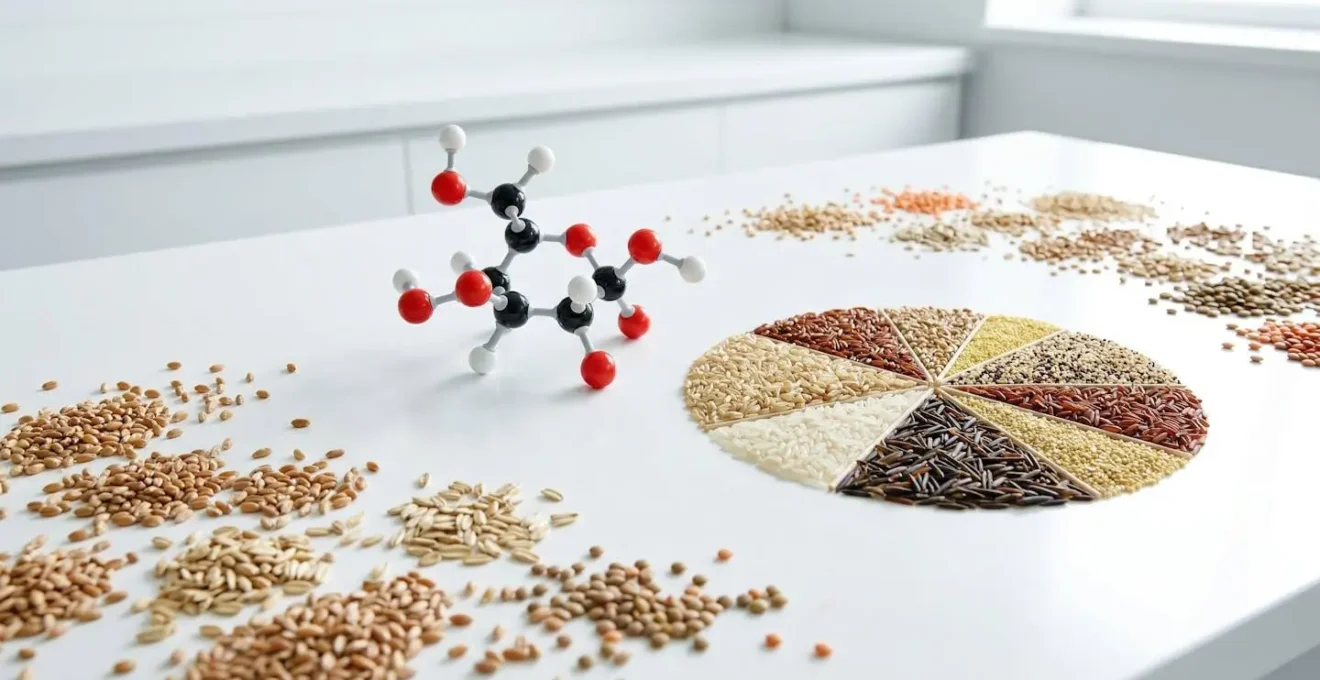 Représentation visuelle d'un rapport génétique avec graphiques circulaires et marqueurs colorés pour la tolérance aux glucides