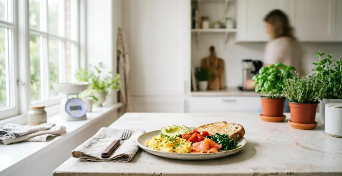 Balance de cuisine floutée en arrière-plan avec assiette colorée au premier plan