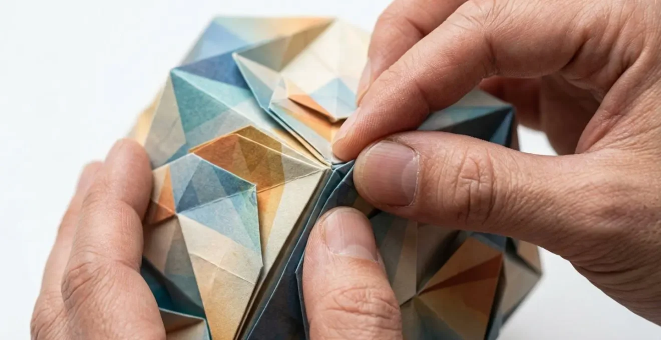 Mains concentrées sur une activité créative complexe avec des éléments colorés abstraits
