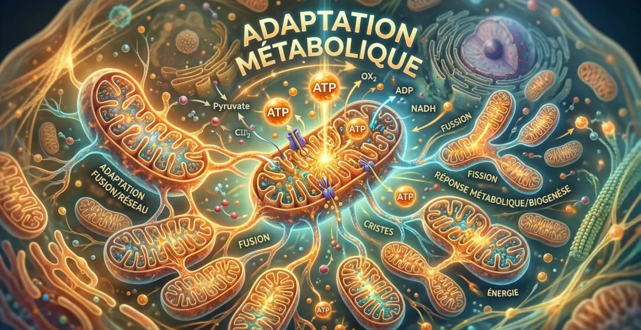 Illustration macro de mitochondries cellulaires symbolisant l'adaptation métabolique