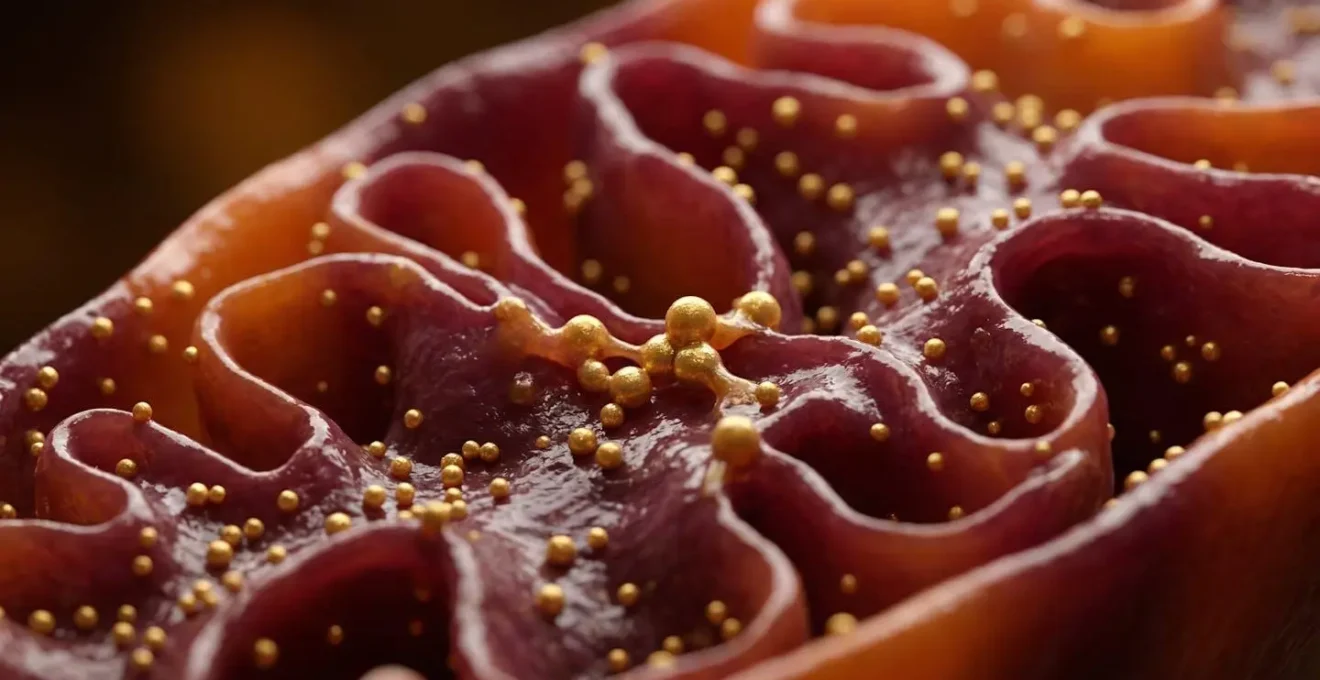 Vue microscopique artistique de mitochondries avec représentation du transport des acides gras