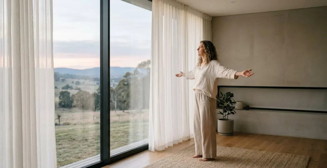 Femme accueillant sereinement un nouveau matin avec lumière douce et expression bienveillante