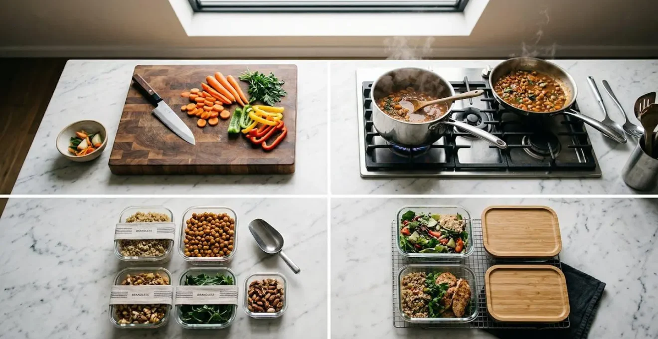 Plan de travail de cuisine divisé en quatre zones pour le batch cooking avec ustensiles et aliments