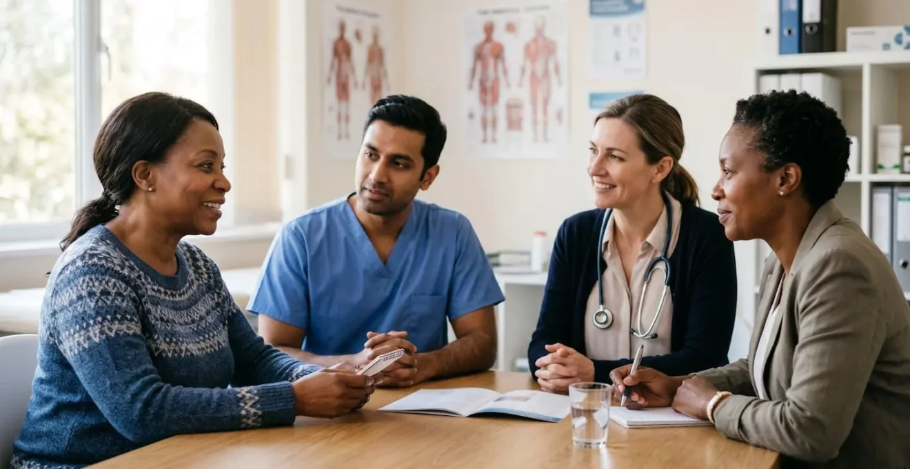 Équipe médicale pluridisciplinaire autour d'un patient en consultation