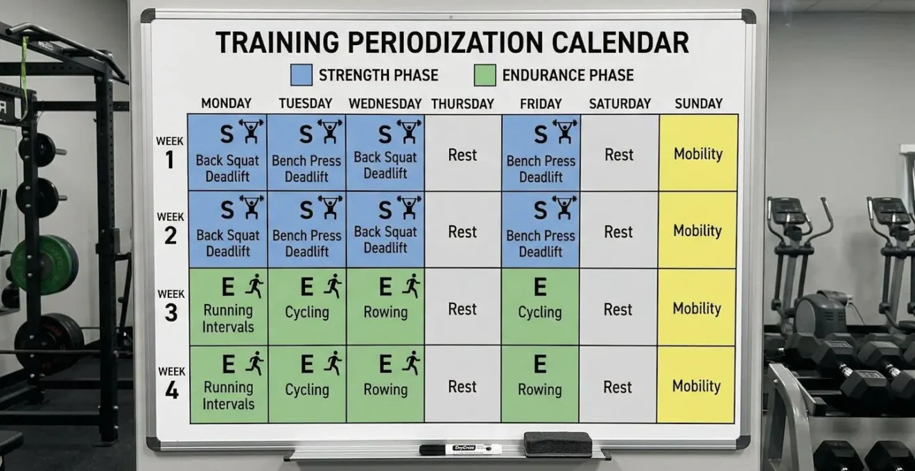Calendrier de périodisation d'entraînement montrant l'alternance entre phases de force et d'endurance