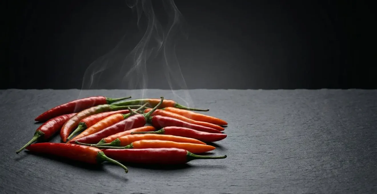 Piments rouges frais avec effet de vapeur suggérant la chaleur thermogénique