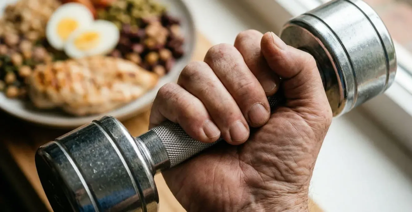 Gros plan sur une main de senior tenant fermement un haltère avec une assiette équilibrée en arrière-plan
