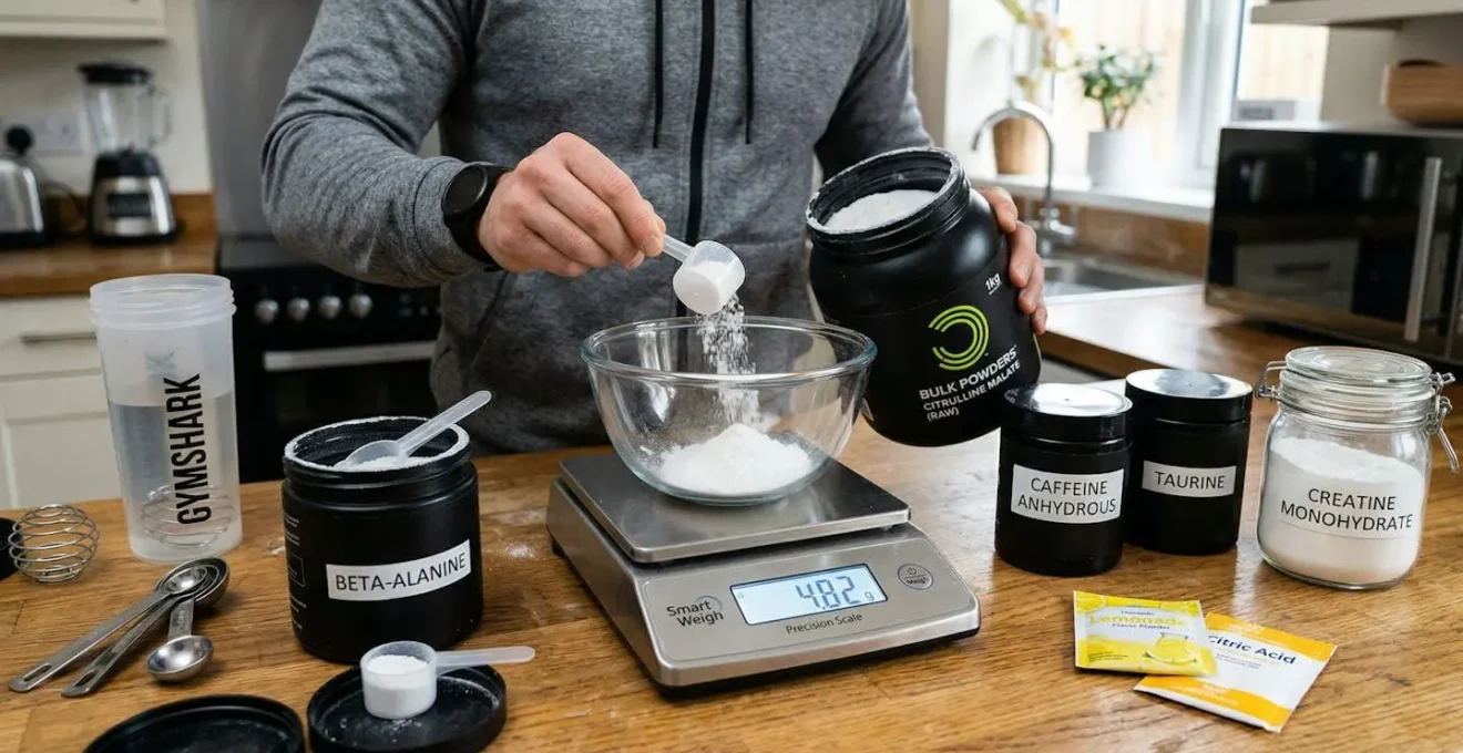 Préparation d'un pré-workout maison avec balance de précision et poudres