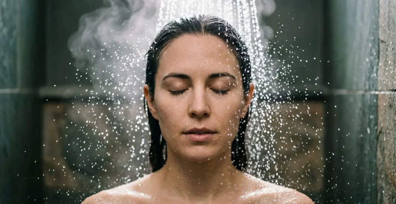 Personne sous une douche avec gradient de température visible passant du chaud au froid