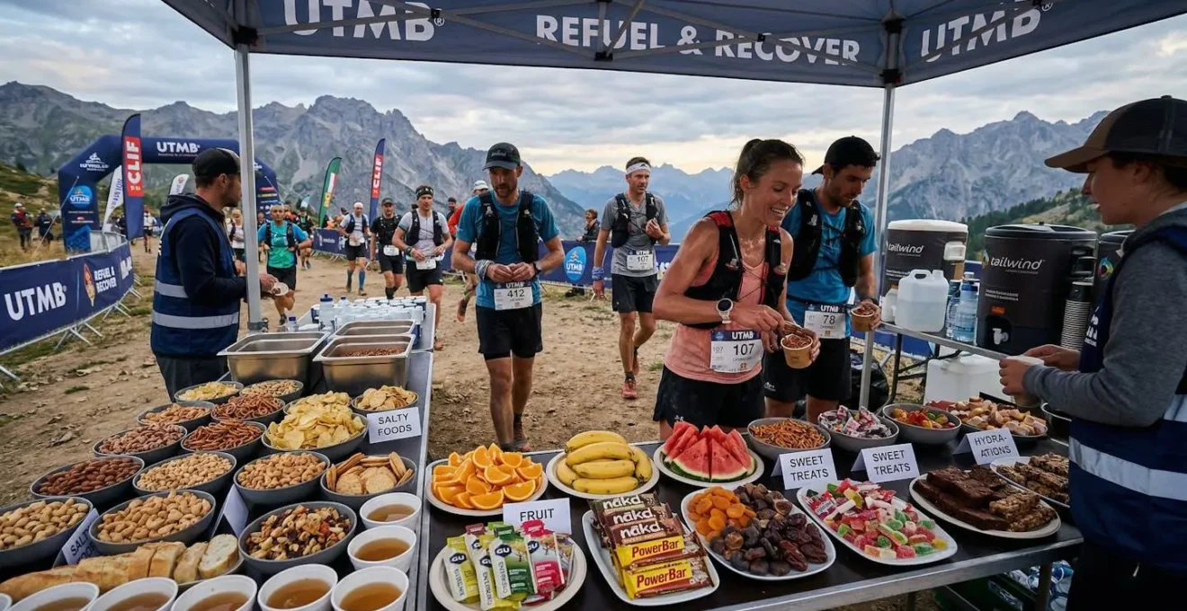 Station de ravitaillement ultra-trail avec aliments salés et sucrés variés