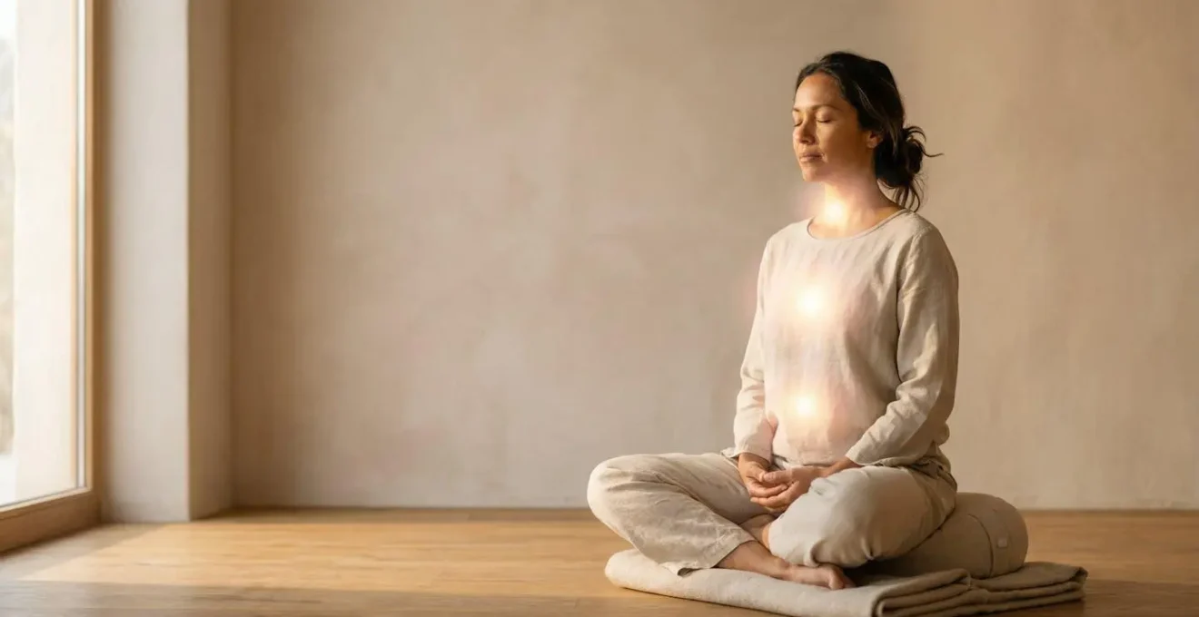 Personne assise en méditation avec zones corporelles illuminées représentant le scan intérieur