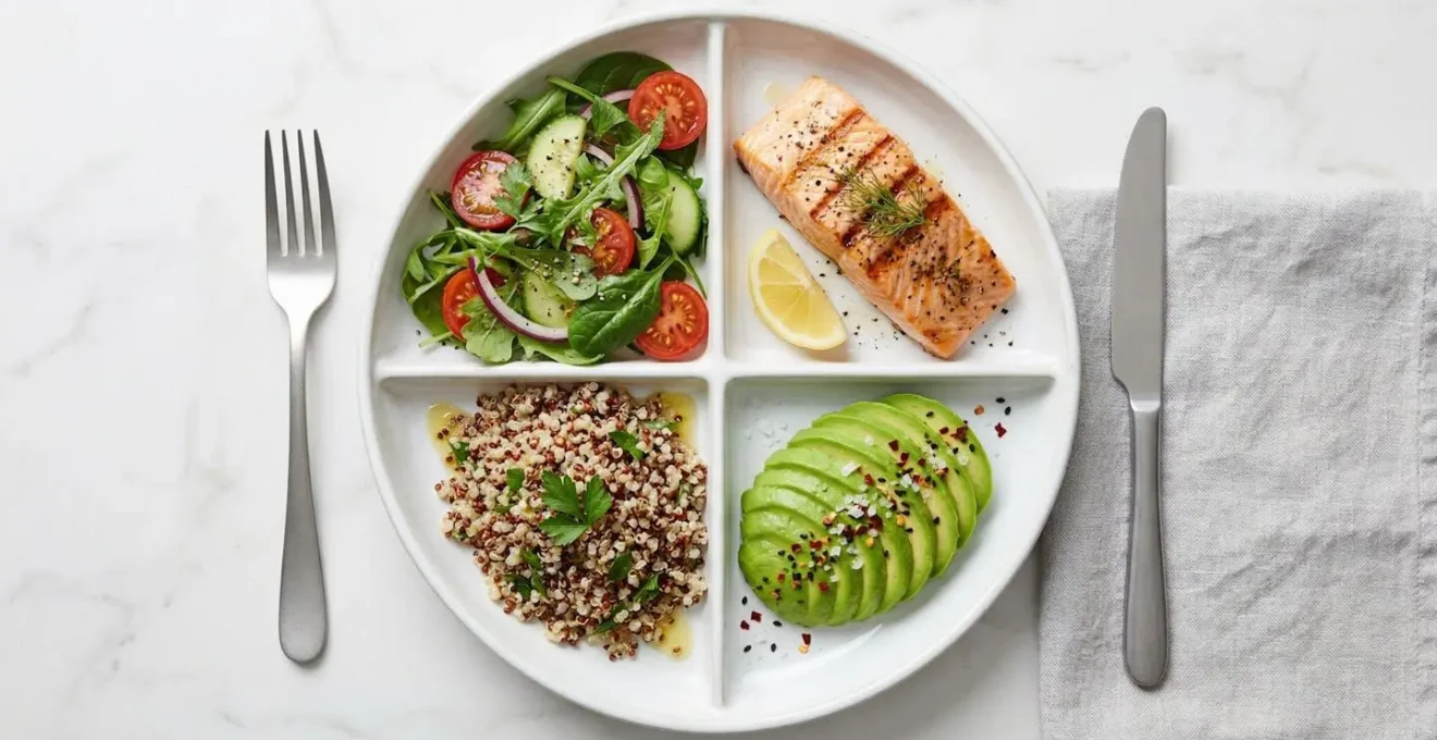 Assiette divisée en sections montrant l'ordre optimal de consommation des aliments