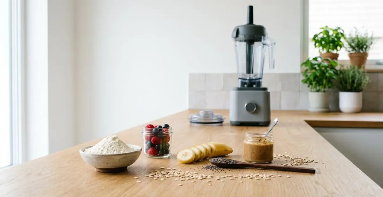 Composition d'un shaker augmenté avec whey, fruits, graines et oléagineux disposés artistiquement