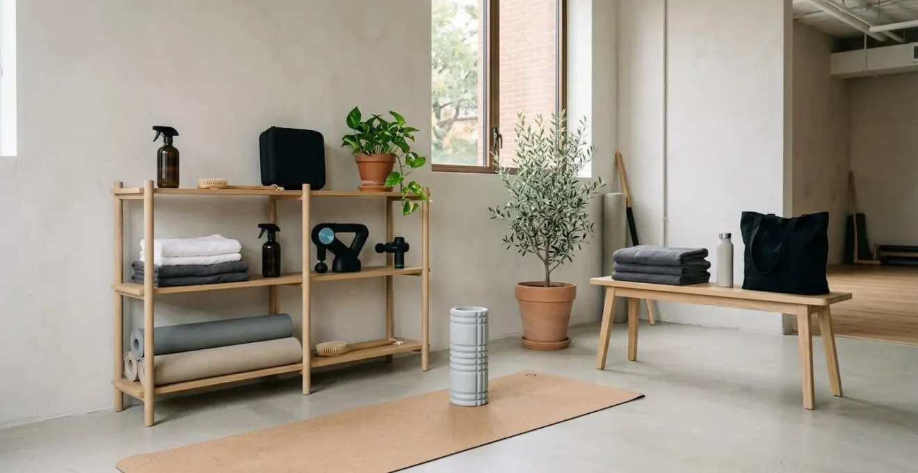 Environnement minimaliste d'une salle de sport avec équipements et accessoires de récupération