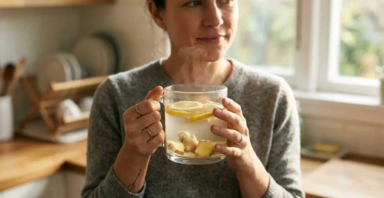 Verre d'eau tiède avec rondelles de citron et gingembre frais sur table en bois