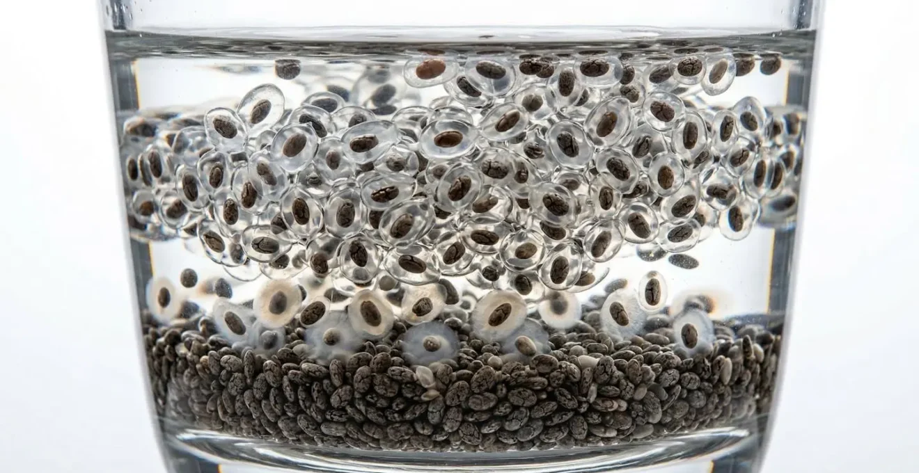 Verre d'eau avec des fibres solubles comme les graines de chia formant un gel pour une satiété durable