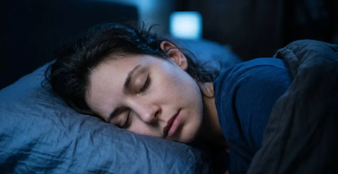 Vue macro d'un visage endormi en phase de sommeil profond, éclairage tamisé bleuté