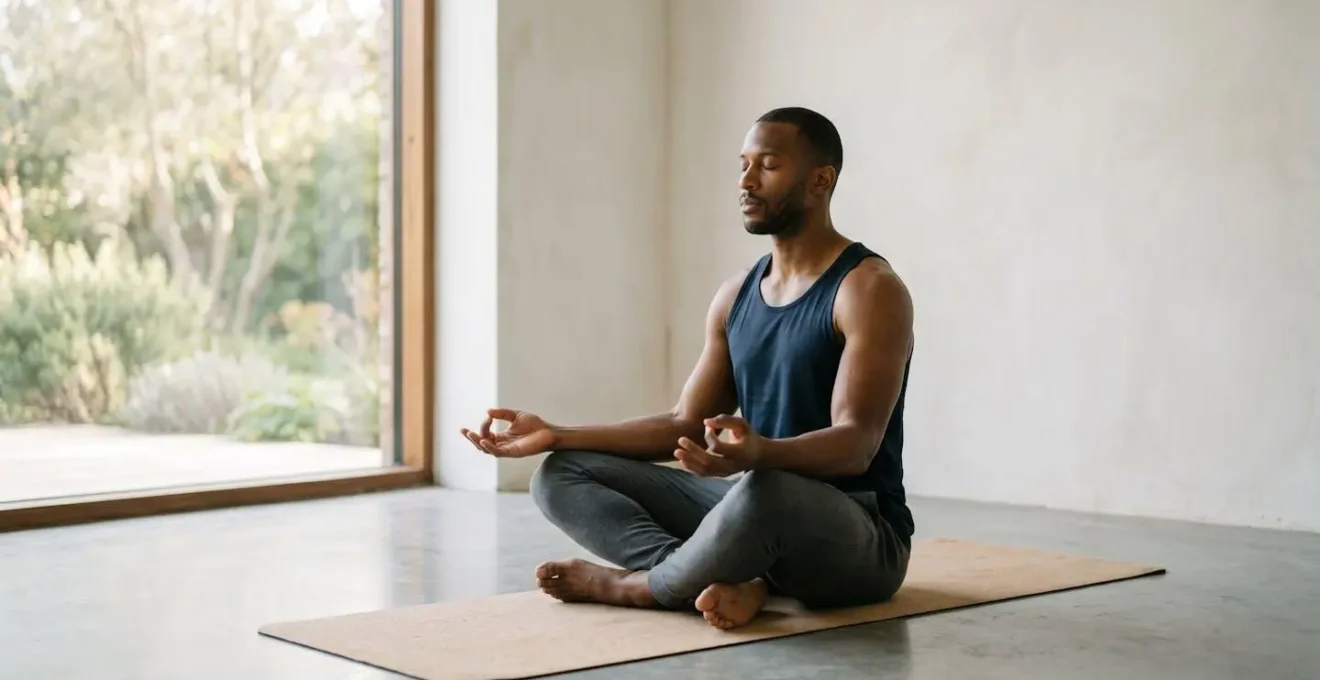 Athlète en position de méditation dans un environnement minimaliste, lumière naturelle douce